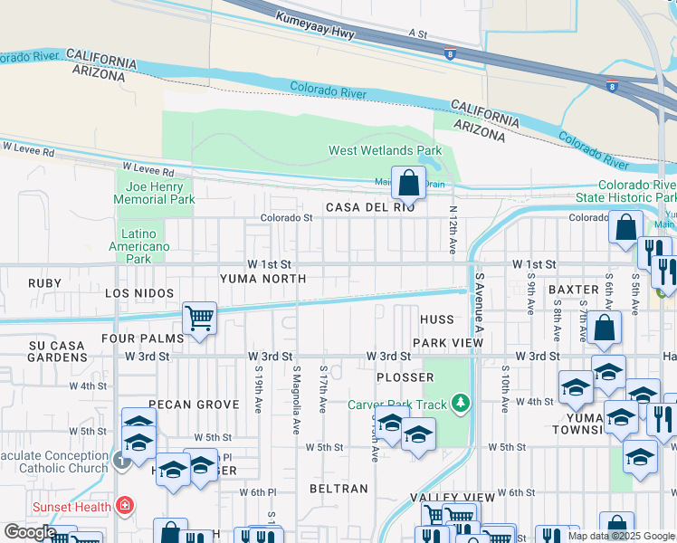 map of restaurants, bars, coffee shops, grocery stores, and more near 101-125 North 17th Avenue in Yuma