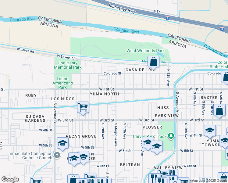 map of restaurants, bars, coffee shops, grocery stores, and more near 100-128 North 18th Avenue in Yuma