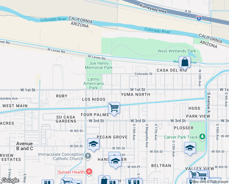 map of restaurants, bars, coffee shops, grocery stores, and more near 2192 West 1st Street in Yuma