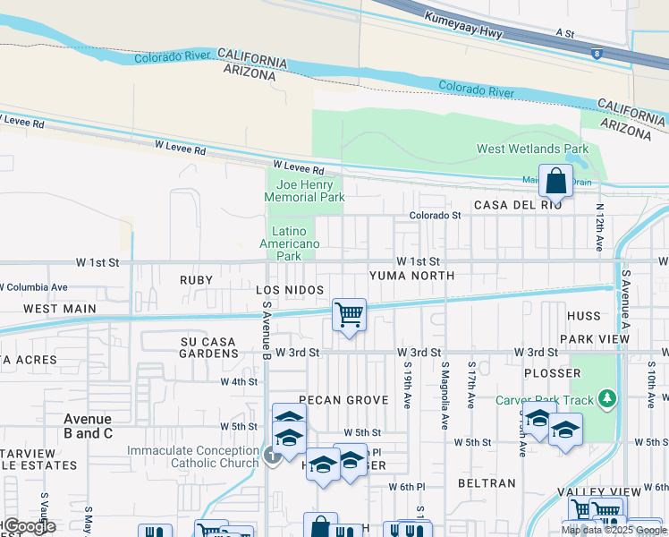 map of restaurants, bars, coffee shops, grocery stores, and more near 2192 West 1st Street in Yuma