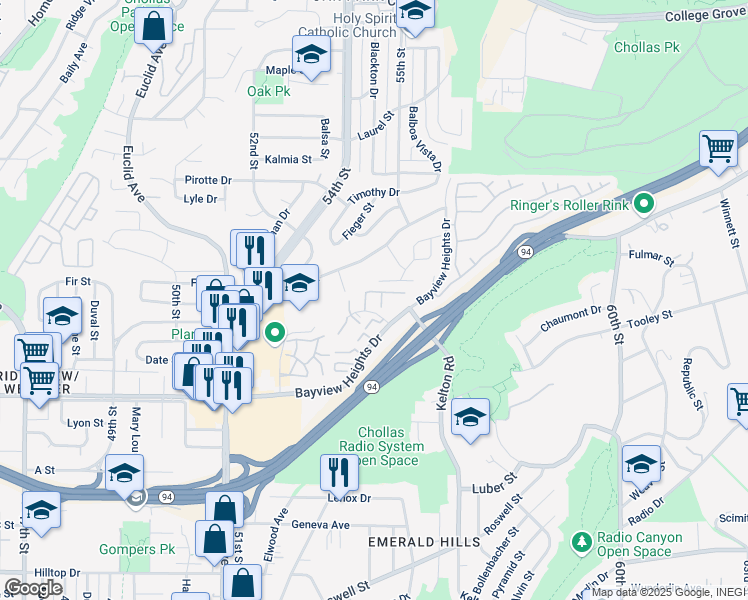 map of restaurants, bars, coffee shops, grocery stores, and more near 5515 Carmen Street in San Diego
