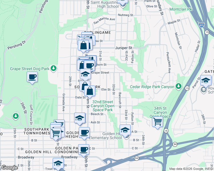 map of restaurants, bars, coffee shops, grocery stores, and more near 1902 32nd Street in San Diego