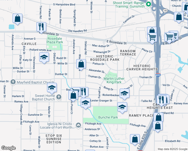 map of restaurants, bars, coffee shops, grocery stores, and more near 5528 Alexander Drive in Fort Worth
