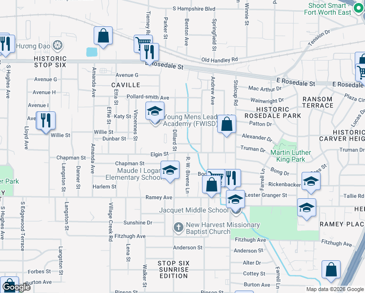 map of restaurants, bars, coffee shops, grocery stores, and more near 5217 Dunbar Street in Fort Worth