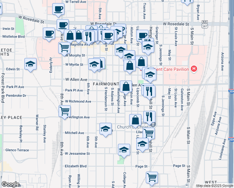 map of restaurants, bars, coffee shops, grocery stores, and more near 1709 South Adams Street in Fort Worth