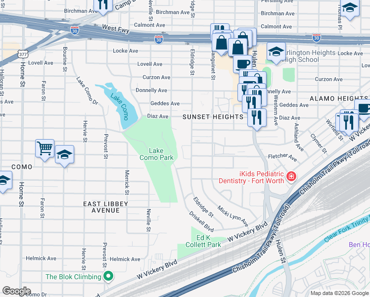 map of restaurants, bars, coffee shops, grocery stores, and more near 3518 Eldridge Street in Fort Worth