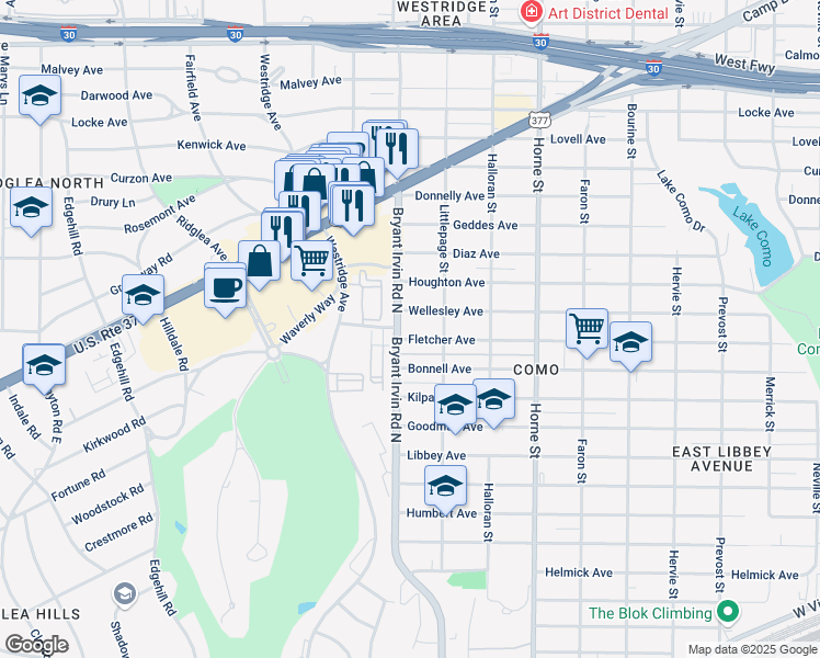 map of restaurants, bars, coffee shops, grocery stores, and more near 5931 Bryant Irvin Road North in Fort Worth