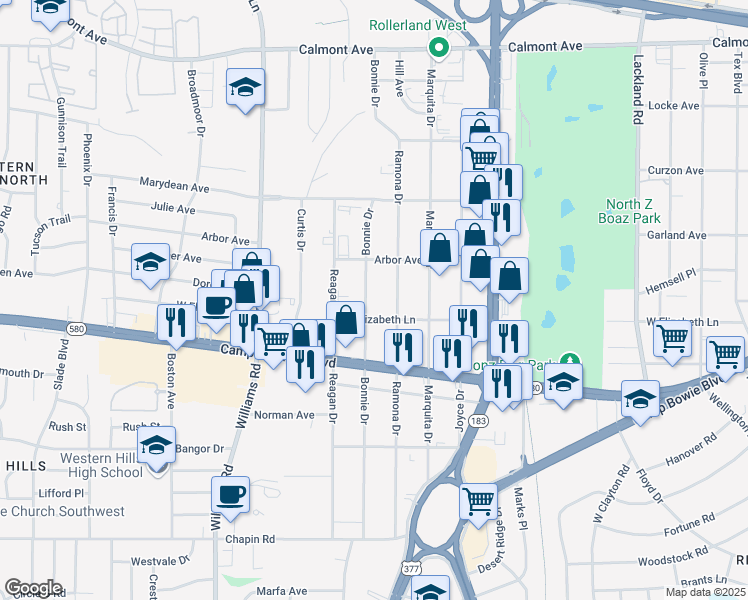 map of restaurants, bars, coffee shops, grocery stores, and more near 3217 Bonnie Drive in Fort Worth