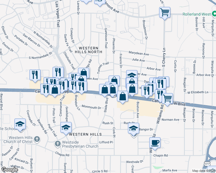 map of restaurants, bars, coffee shops, grocery stores, and more near 8313 Doreen Avenue in Fort Worth