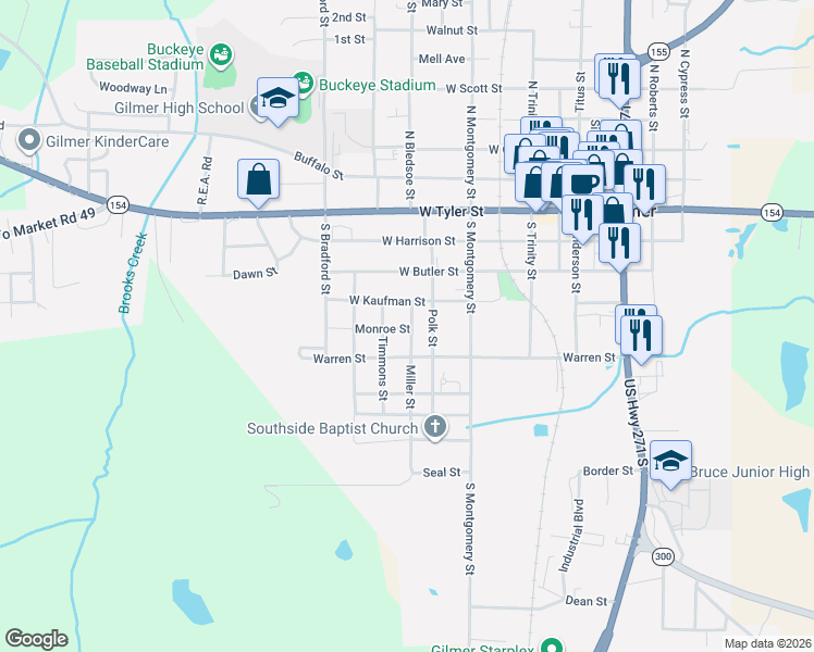 map of restaurants, bars, coffee shops, grocery stores, and more near 408 Miller Street in Gilmer