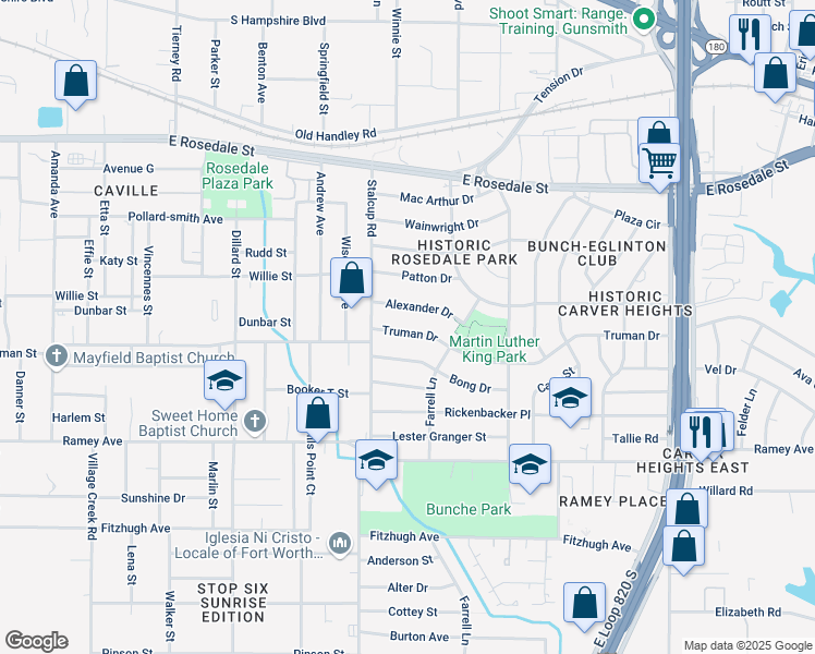 map of restaurants, bars, coffee shops, grocery stores, and more near 5528 Alexander Drive in Fort Worth