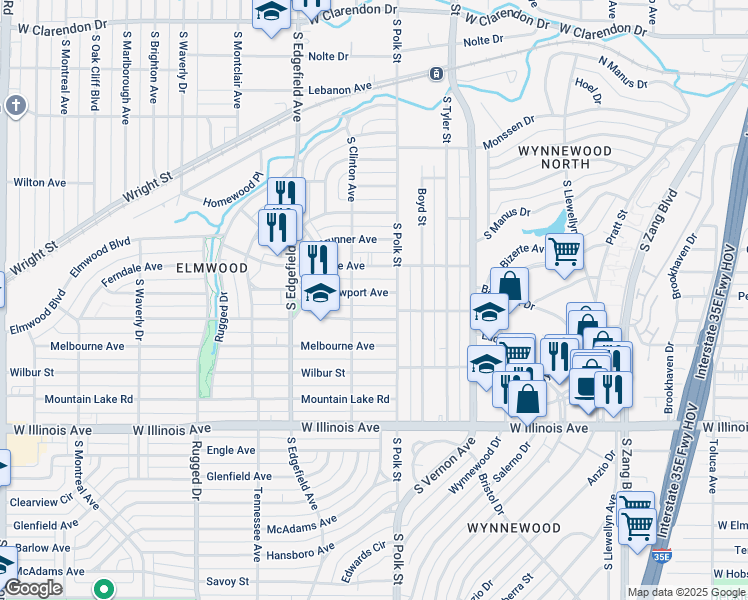 map of restaurants, bars, coffee shops, grocery stores, and more near 1135 Newport Avenue in Dallas