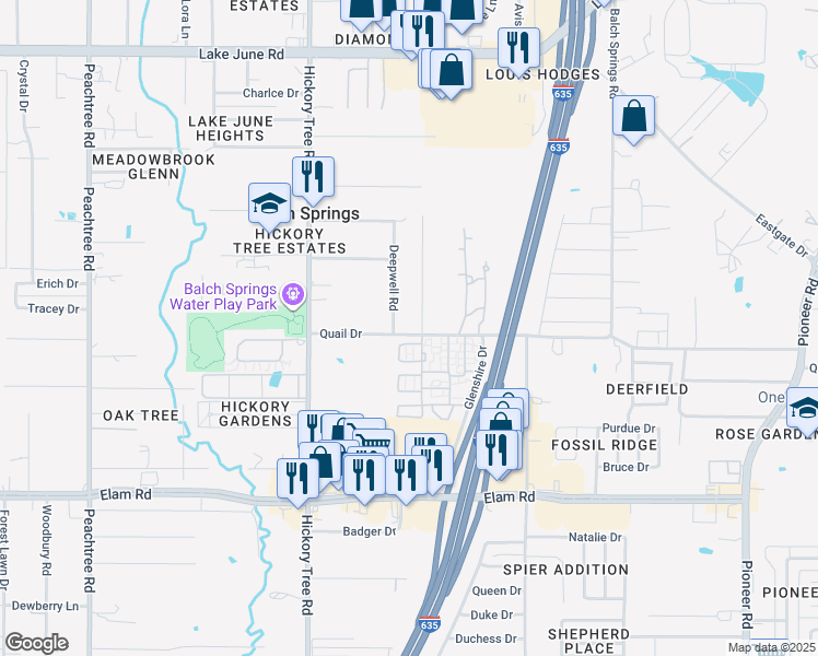 map of restaurants, bars, coffee shops, grocery stores, and more near 3204 Sherry Lane in Balch Springs