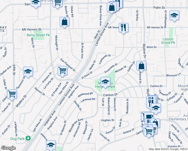 map of restaurants, bars, coffee shops, grocery stores, and more near 1840 El Dora Street in Lemon Grove