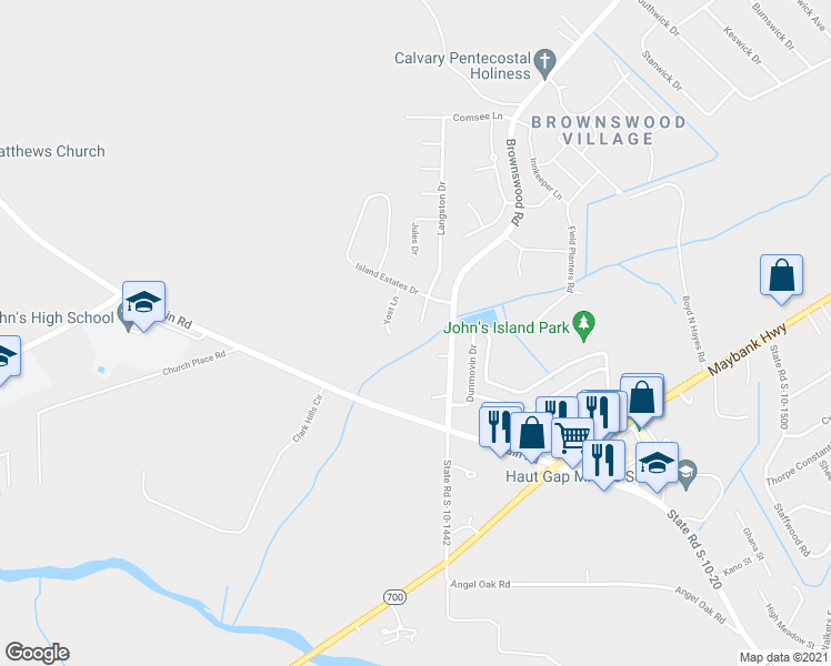 map of restaurants, bars, coffee shops, grocery stores, and more near 1658 Langston Drive in Johns Island