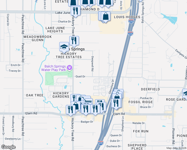 map of restaurants, bars, coffee shops, grocery stores, and more near 3213 Deepwell Road in Balch Springs