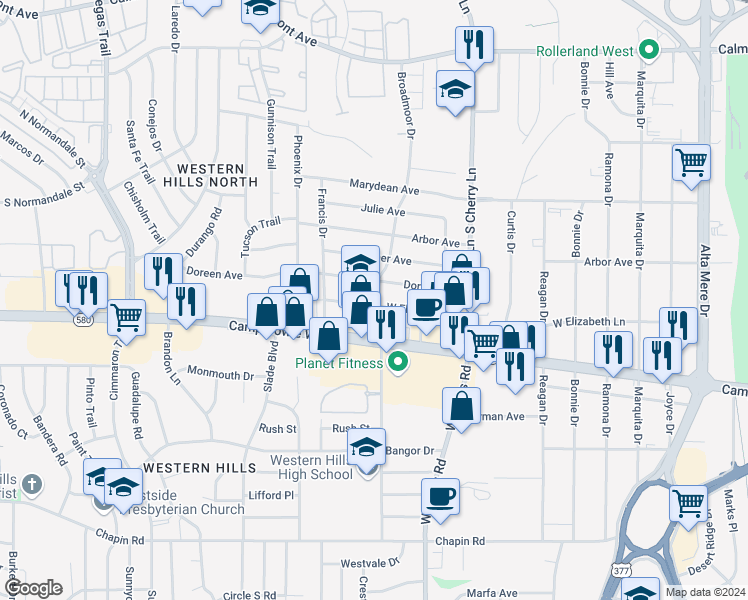 map of restaurants, bars, coffee shops, grocery stores, and more near 8038 West Elizabeth Lane in Fort Worth