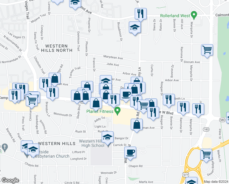 map of restaurants, bars, coffee shops, grocery stores, and more near 8026 West Elizabeth Lane in Fort Worth