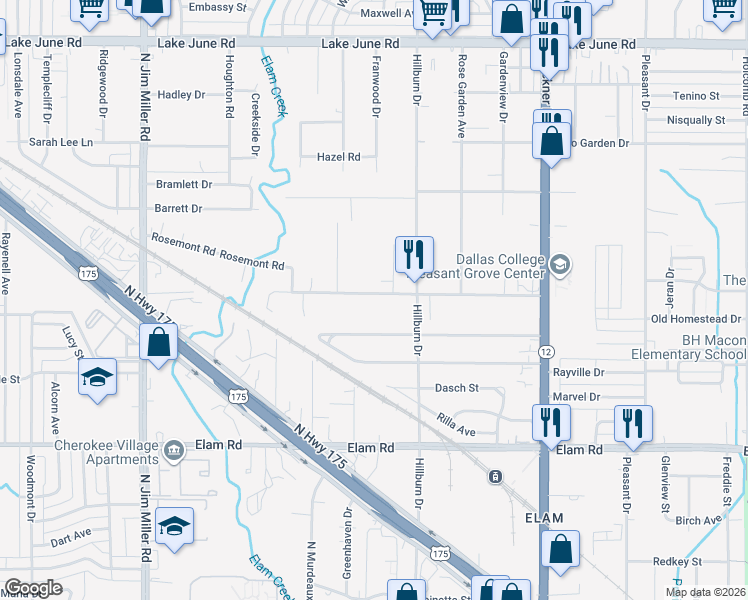 map of restaurants, bars, coffee shops, grocery stores, and more near 7642 Rosemont Road in Dallas