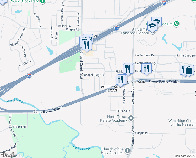 map of restaurants, bars, coffee shops, grocery stores, and more near 3324 Chapel Ridge Way in Fort Worth