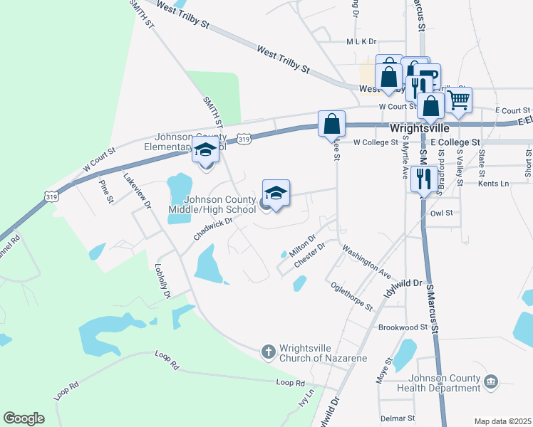 map of restaurants, bars, coffee shops, grocery stores, and more near 150 Herschel Walker Drive in Wrightsville