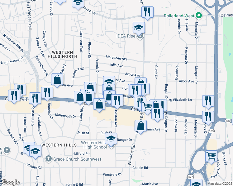 map of restaurants, bars, coffee shops, grocery stores, and more near 8030 West Elizabeth Lane in Fort Worth