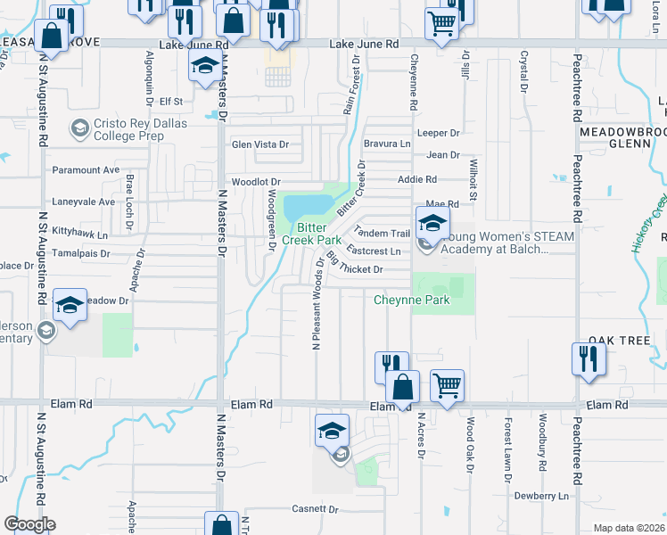 map of restaurants, bars, coffee shops, grocery stores, and more near 736 North Pleasant Woods Drive in Dallas
