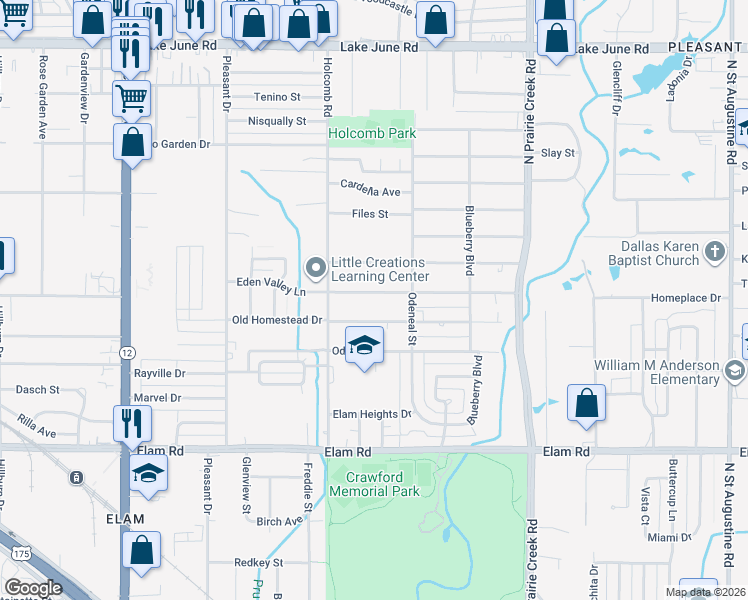 map of restaurants, bars, coffee shops, grocery stores, and more near 8601 Eden Valley Lane in Dallas