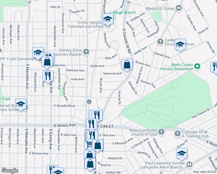 map of restaurants, bars, coffee shops, grocery stores, and more near 1522 Iowa Avenue in Dallas