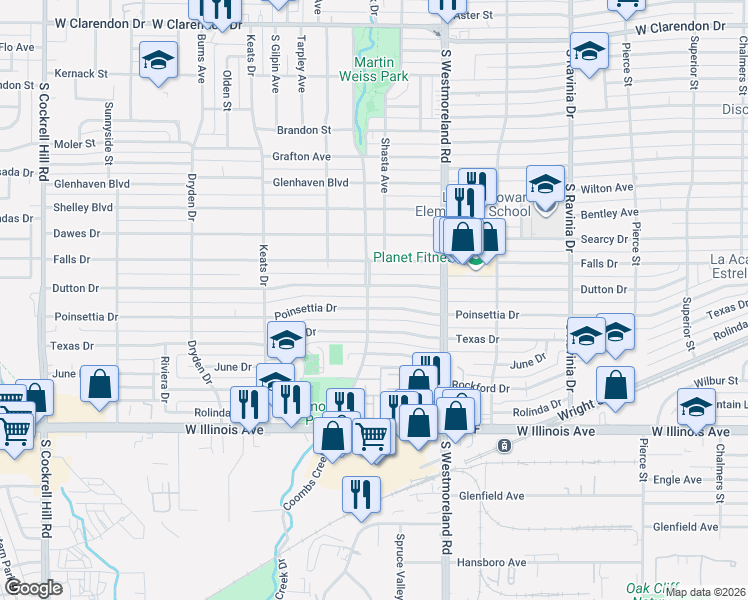 map of restaurants, bars, coffee shops, grocery stores, and more near 3434 Dutton Drive in Dallas