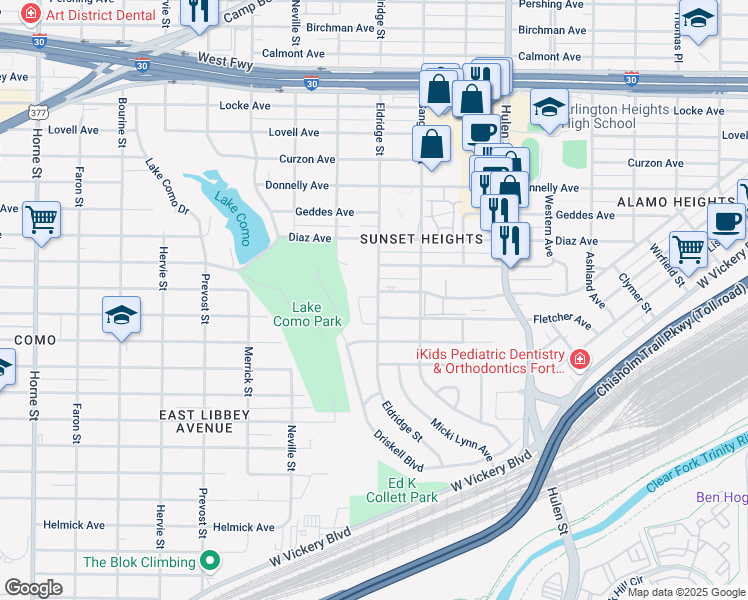 map of restaurants, bars, coffee shops, grocery stores, and more near 3518 Eldridge Street in Fort Worth