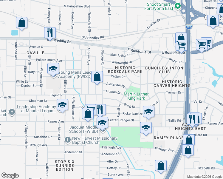 map of restaurants, bars, coffee shops, grocery stores, and more near 5528 Alexander Drive in Fort Worth