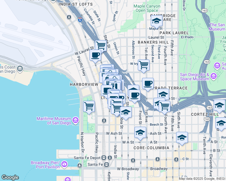 map of restaurants, bars, coffee shops, grocery stores, and more near 1959 Columbia Street in San Diego