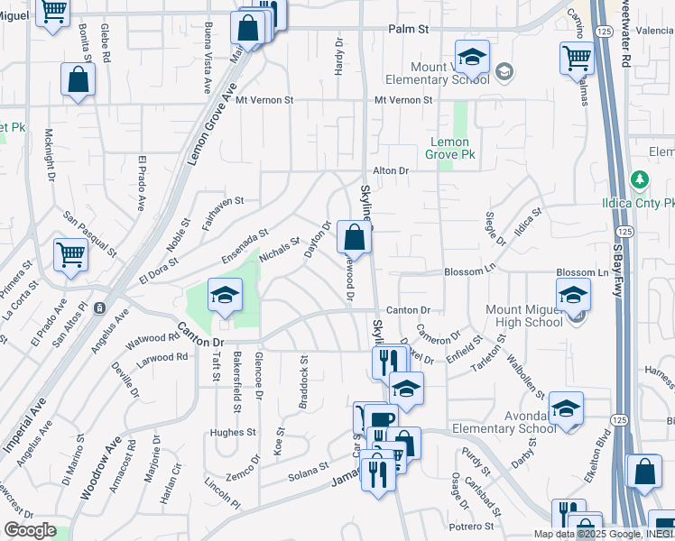 map of restaurants, bars, coffee shops, grocery stores, and more near 7961 Nichals Street in Lemon Grove