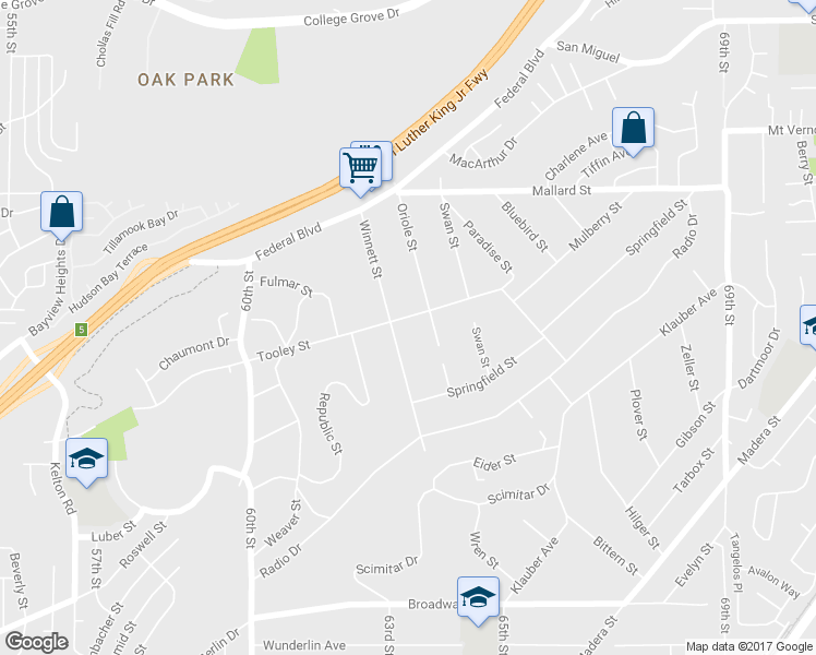 map of restaurants, bars, coffee shops, grocery stores, and more near 6323 Tooley Street in San Diego