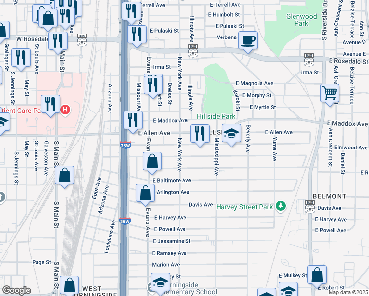 map of restaurants, bars, coffee shops, grocery stores, and more near 1001 Elmwood Avenue in Fort Worth