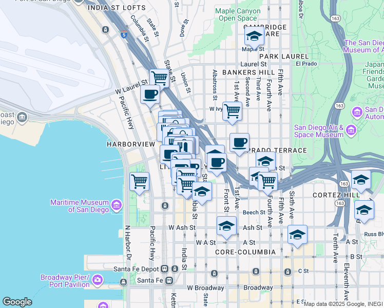 map of restaurants, bars, coffee shops, grocery stores, and more near 1959 Columbia Street in San Diego