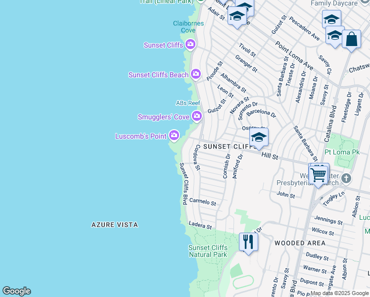 map of restaurants, bars, coffee shops, grocery stores, and more near 935 Sunset Cliffs Boulevard in San Diego