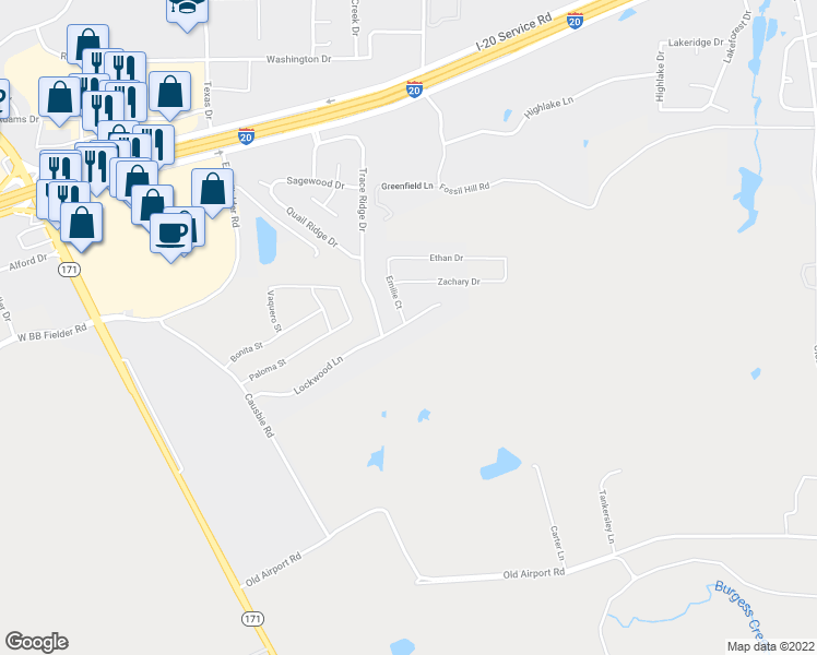 map of restaurants, bars, coffee shops, grocery stores, and more near 416 Lockwood Lane in Weatherford