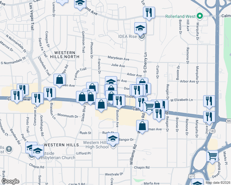 map of restaurants, bars, coffee shops, grocery stores, and more near 8036 West Elizabeth Lane in Fort Worth
