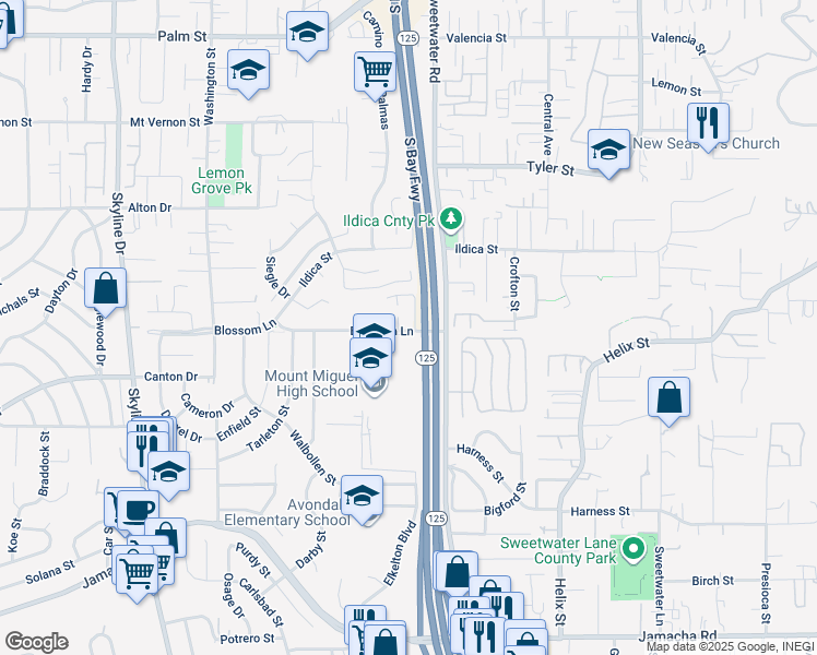 map of restaurants, bars, coffee shops, grocery stores, and more near 1882 Sweetwater Drive in Lemon Grove