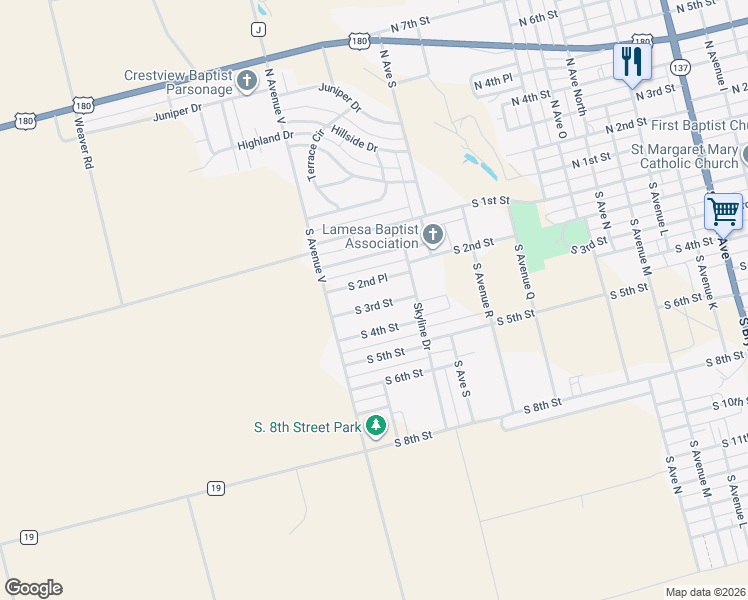 map of restaurants, bars, coffee shops, grocery stores, and more near 2201-2229 South 2nd Place in Lamesa