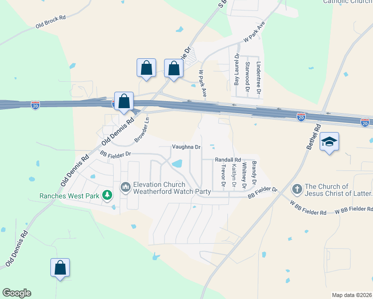 map of restaurants, bars, coffee shops, grocery stores, and more near 1100 Vaughna Drive in Weatherford