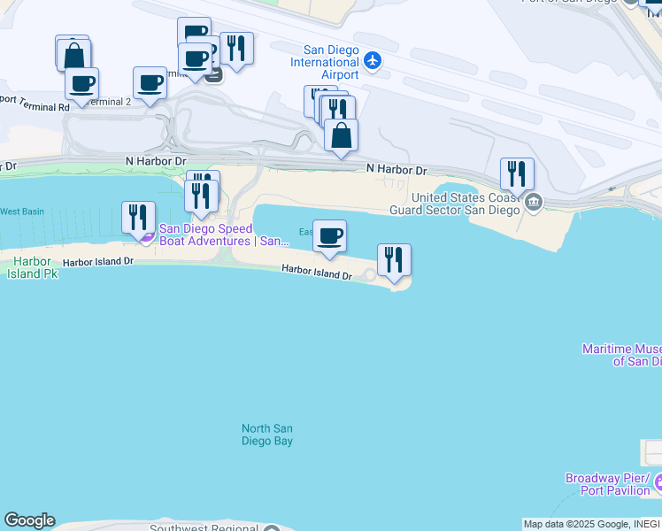 map of restaurants, bars, coffee shops, grocery stores, and more near 955 Harbor Island Drive in San Diego