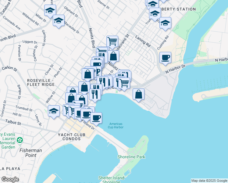map of restaurants, bars, coffee shops, grocery stores, and more near 4960 North Harbor Drive in San Diego