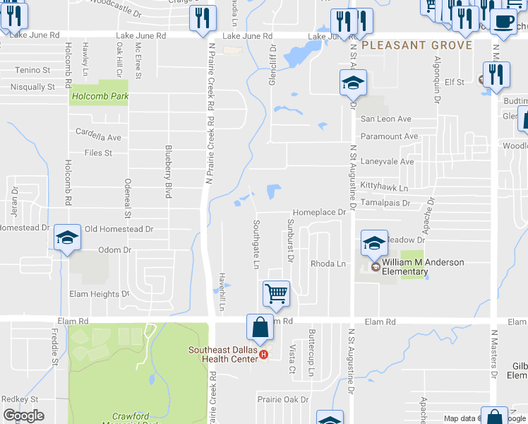 map of restaurants, bars, coffee shops, grocery stores, and more near 9178 Homeplace Drive in Dallas