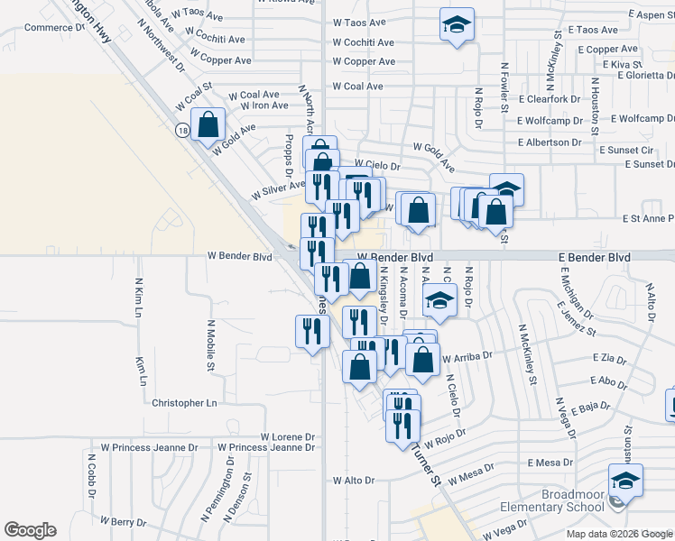 map of restaurants, bars, coffee shops, grocery stores, and more near 771-799 West Bender Boulevard in Hobbs