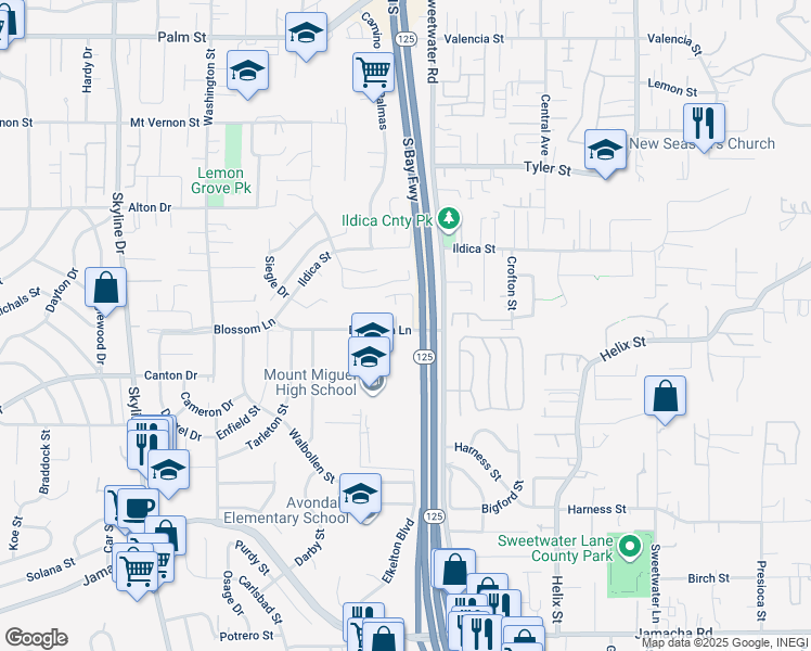 map of restaurants, bars, coffee shops, grocery stores, and more near 1882 Sweetwater Drive in Lemon Grove
