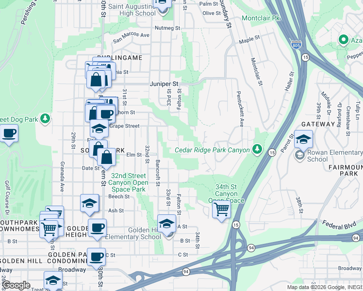 map of restaurants, bars, coffee shops, grocery stores, and more near 3330 Fir Street in San Diego