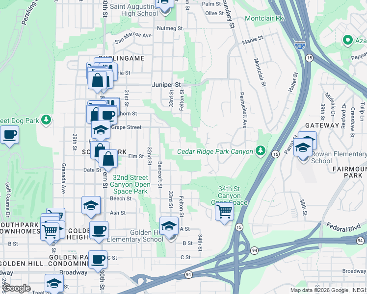 map of restaurants, bars, coffee shops, grocery stores, and more near 3330 Fir Street in San Diego